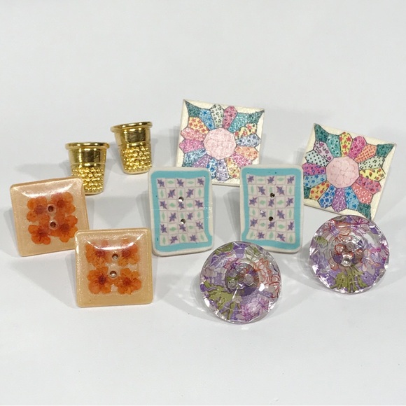 Folkart Bobbin Resin Dried Flower Needlepoint Quilt Novelty Kitsch Earring Lot - Picture 1 of 16